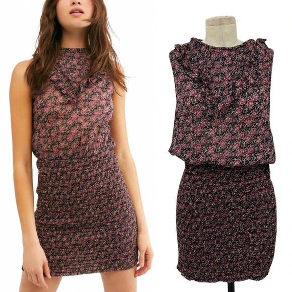 Free People I'm Your Favorite Mini Dress Plum Floral Smocked‎ Size Medium - Picture 1 of 9